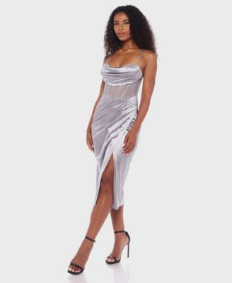 Juniors' Draped-Sweetheart-Neck Lace-Up Midi Dress