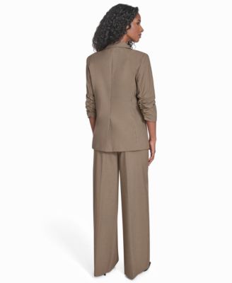 Calvin Klein Womens Novelty One Button Blazer Wide Leg Pants Mixed Media Sleeveless Blouse In Brown
