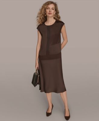Donna Karan Womens Mixed Media Cap Sleeve Blouse Satin A Line Midi Skirt In Brown