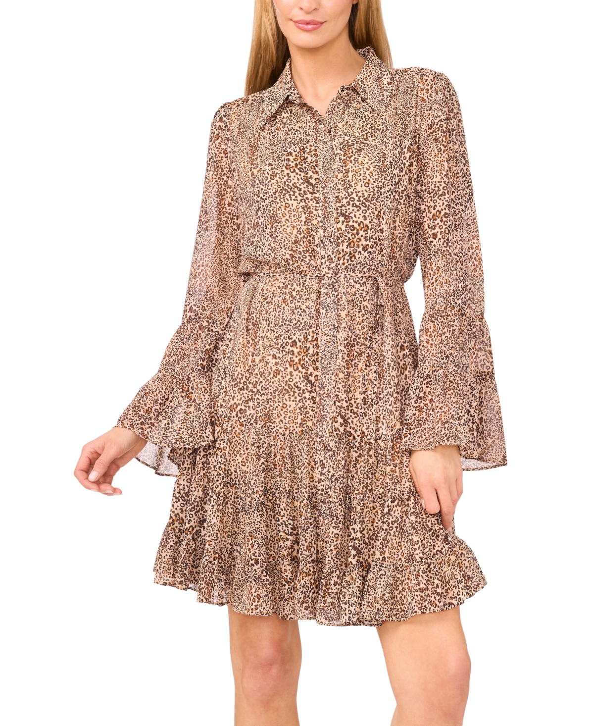 Cece Tiered Flounce Sleeve & Hem Dress In Brown