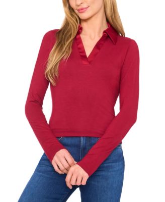 CeCe - Women's Woven-Collar Knit Long-Sleeve Top