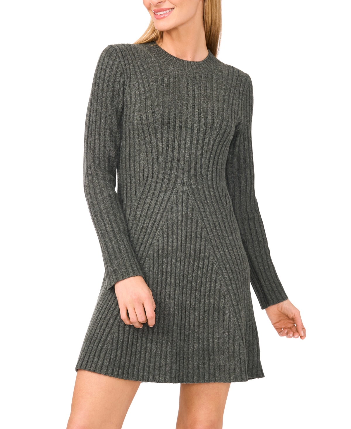 Cece Women's Long Sleeve Ribbed Sweater Dress In Gray