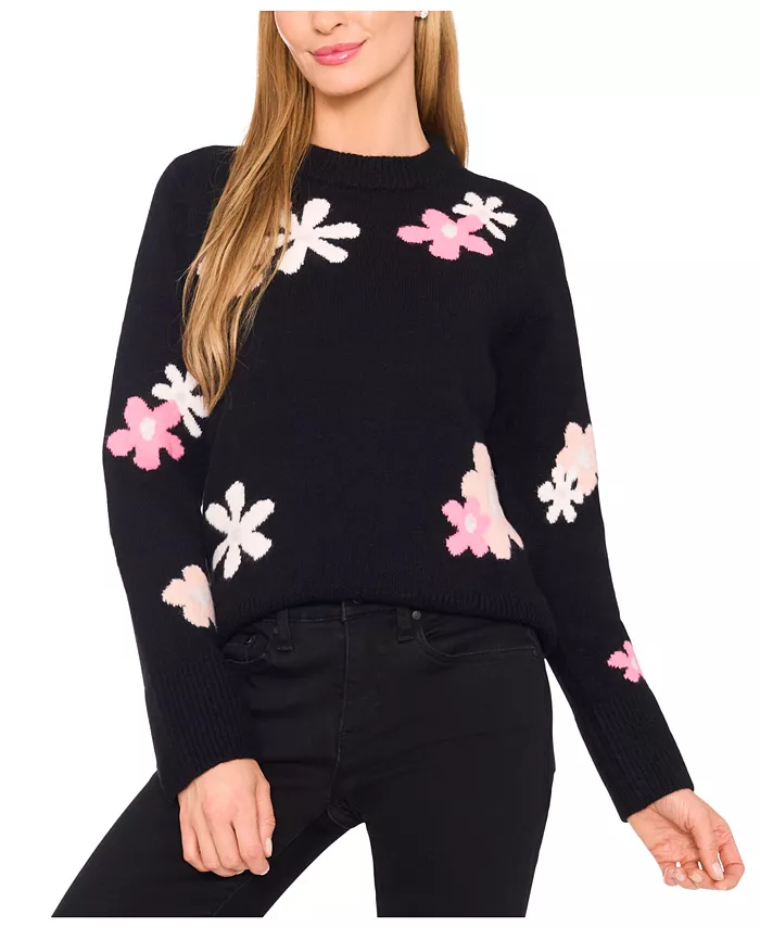 Women's Crewneck Flower Patterned Knit Long-Sleeve Sweater