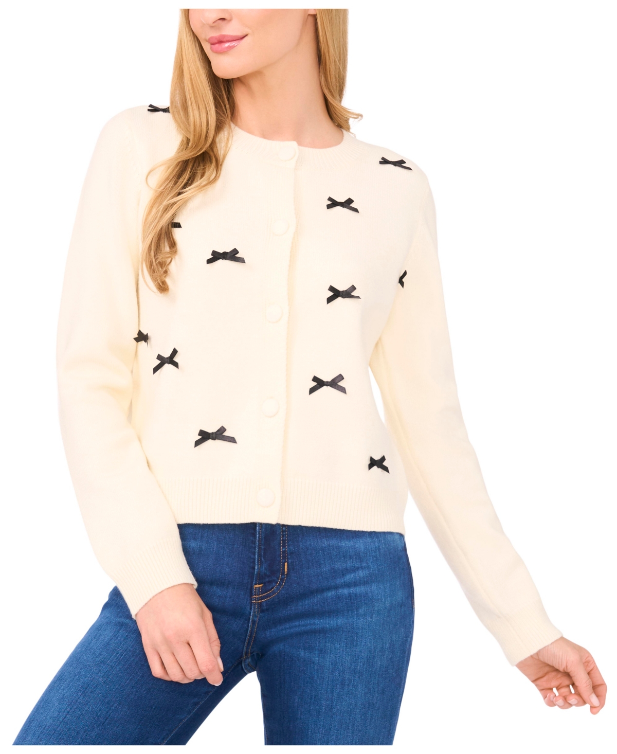 CeCe Women's Ribbon Applique Crewneck Cardigan Sweater