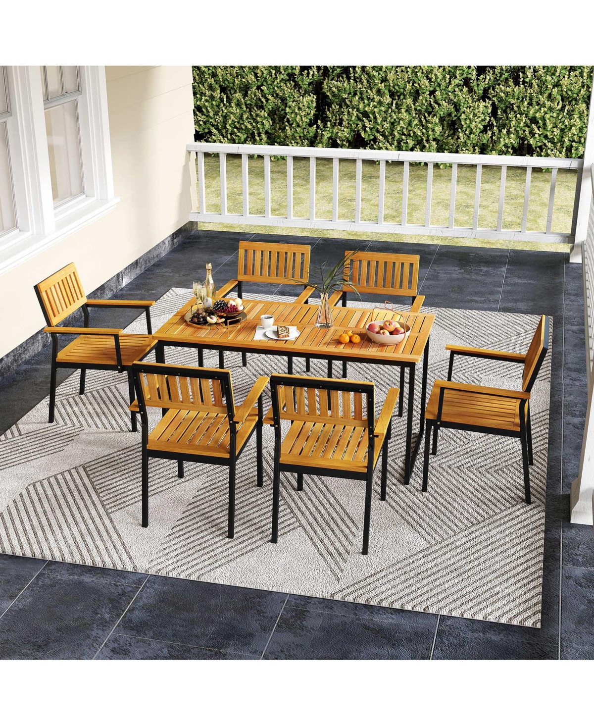 Gymax 3 Pcs Outdoor Dining Set for 6 w/Acacia Wood Tabletop Metal Frame Umbrella Hole