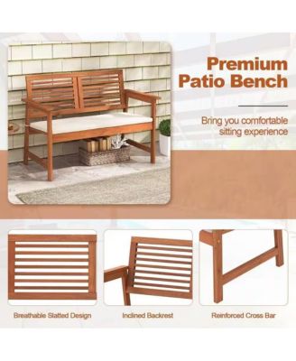 Solid Wood Outdoor Patio Garden Bench with Slatted Back, Armrests, and Seat Cushion