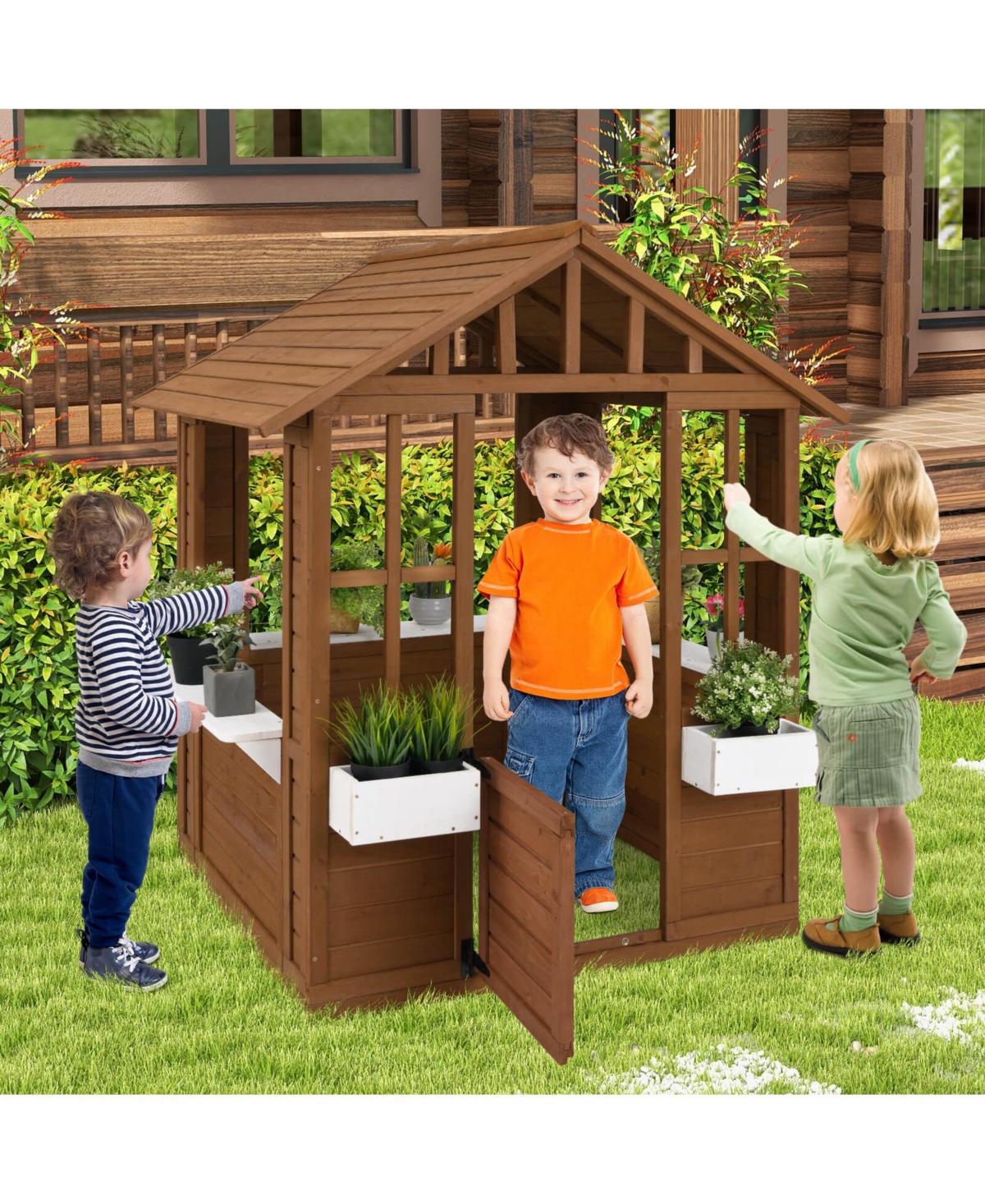 Costway Outdoor Playhouse Wood Adventures Cottage with Serving Stations & Door