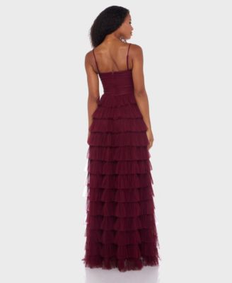 Juniors' Spaghetti Strap Square Neck Ruffle Gown