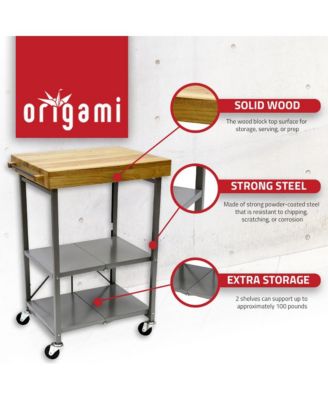 Foldable Wheeled Portable Solid Wood Top Kitchen Island Bar Cart, Silver