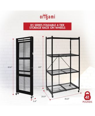 R5-06W Black 4-Wheeled and 4-Shelf Folding Steel Wire Shelving Storage