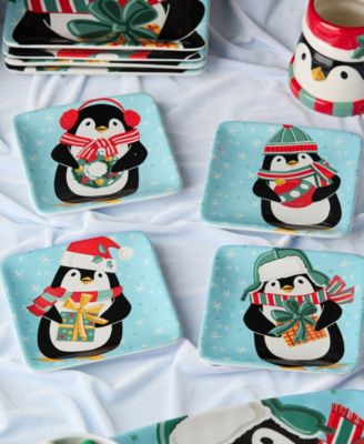 Christmas Whimsy Penguin Canape Plates, Set of 4