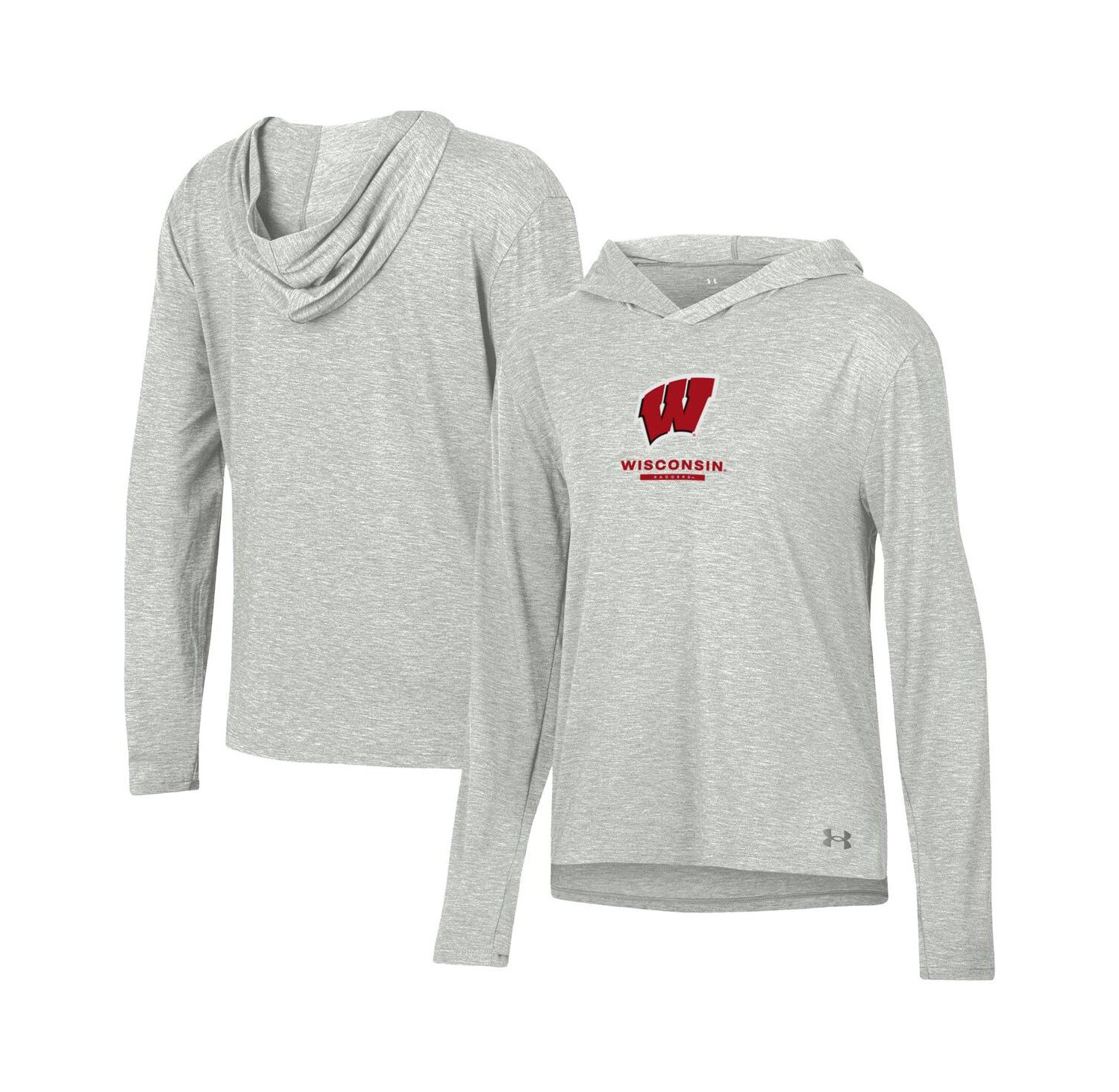 Women's Heather Gray Wisconsin Badgers Tri-Blend Breezy Long Sleeve Hoodie T-Shirt