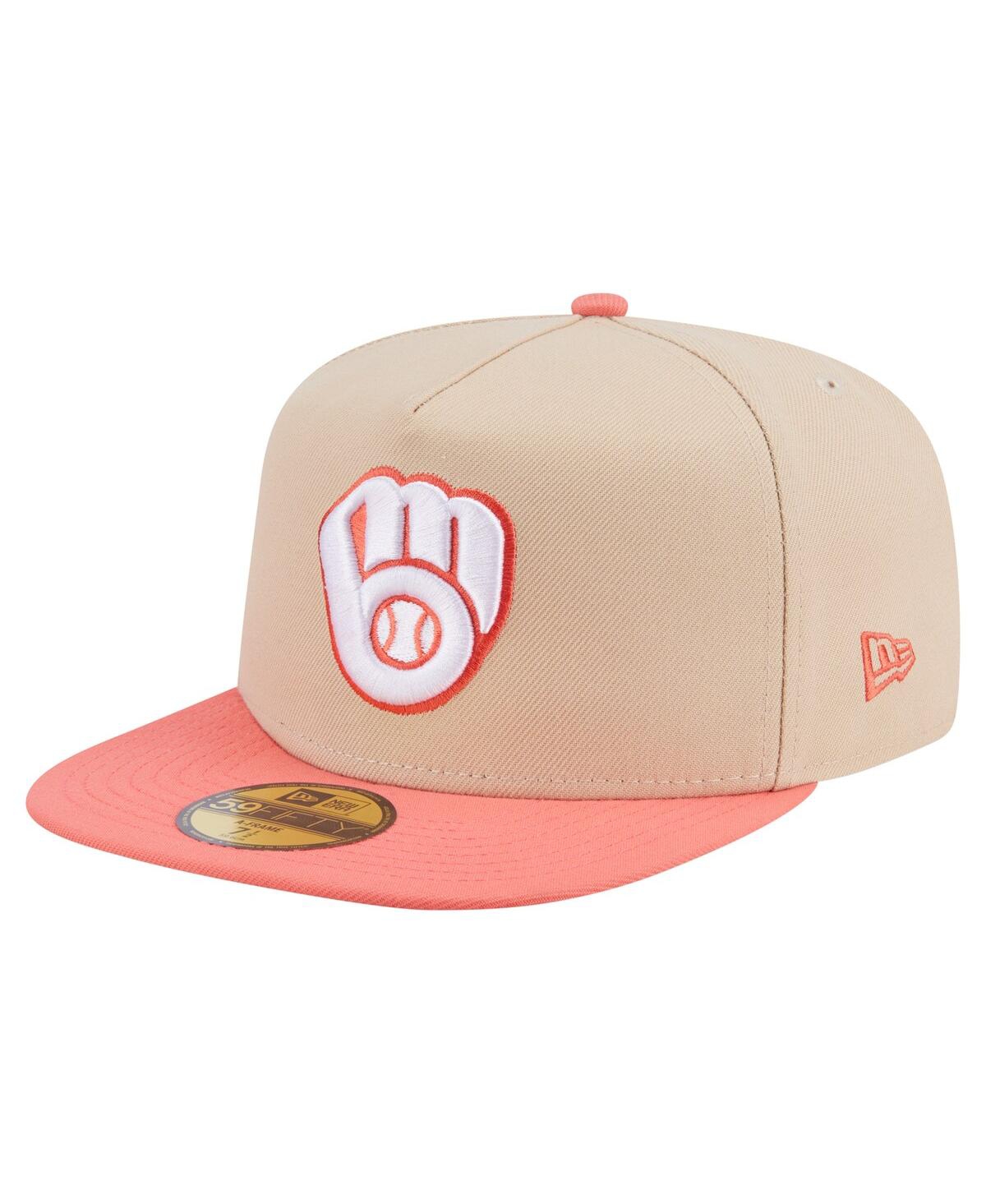 New Era Men's Light Beige/coral Milwaukee Brewers Two-tone Color Pack A-frame 59fifty Fitted Hat
