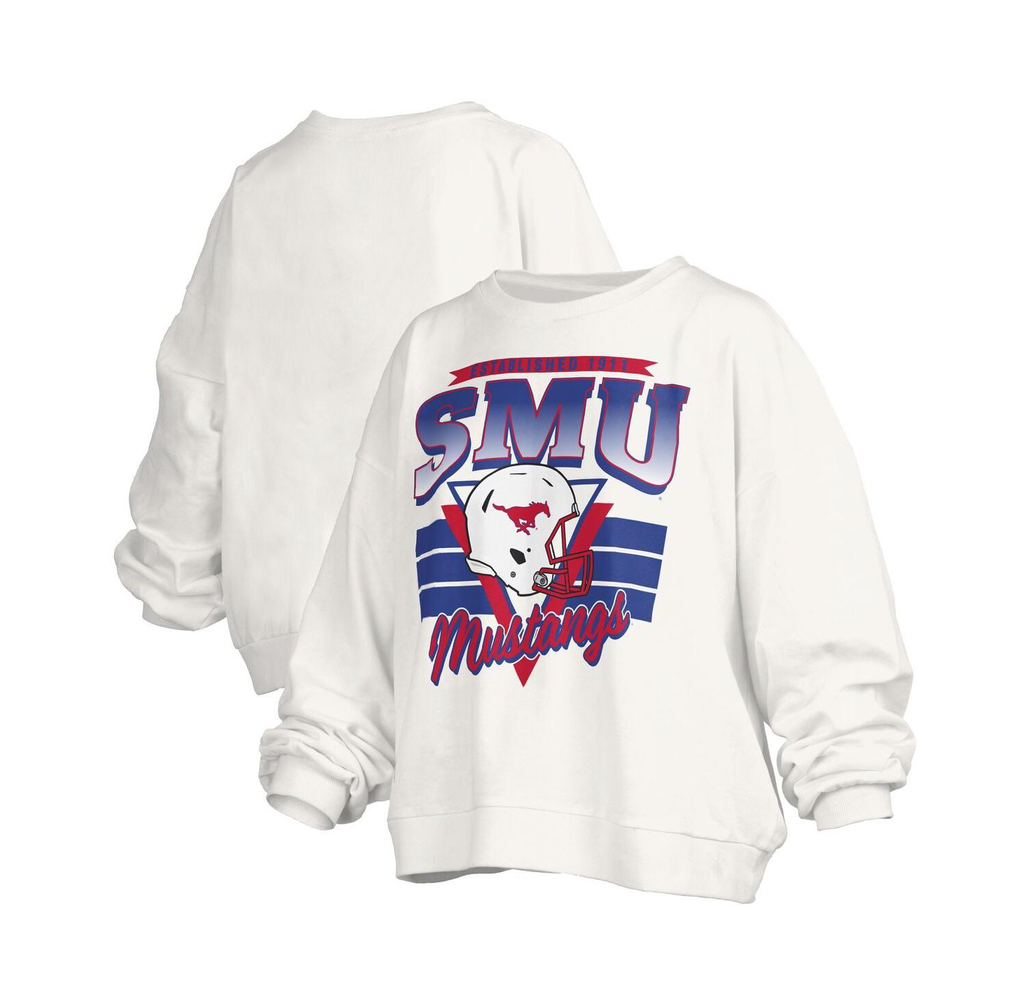 Women's White SMU Mustangs Oversized Janice Retro Waist-Length Pullover Sweatshirt