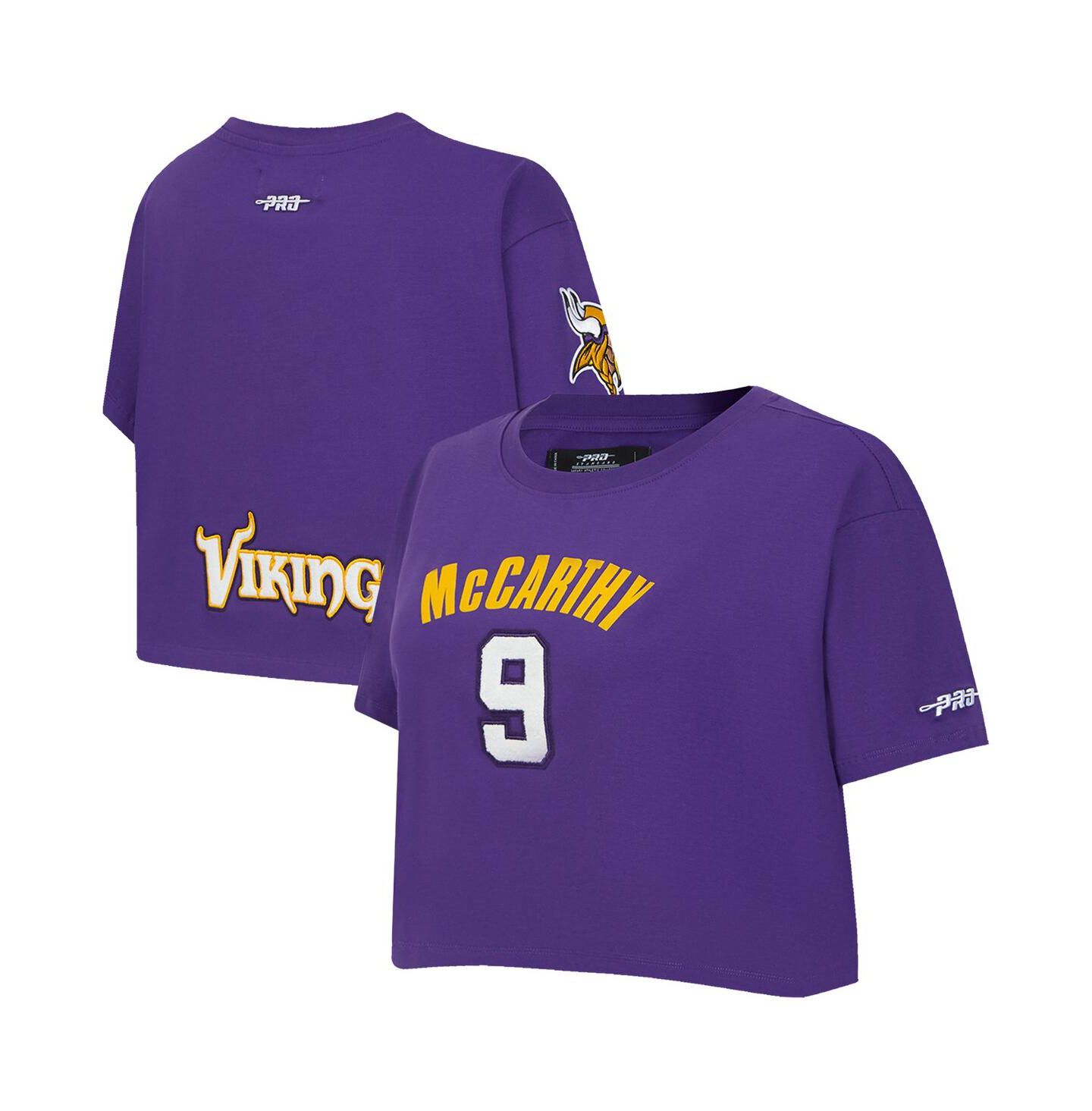 Женская футболка Pro Standard J.J. McCarthy Purple Minnesota Vikings Player Name & Number Cropped Boxy — фото 1