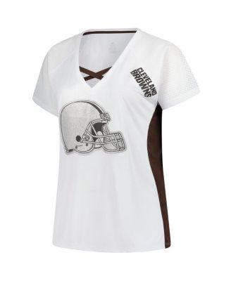 Women's White Cleveland Browns Plus Size Glitter Lace-Up V-Neck T-Shirt