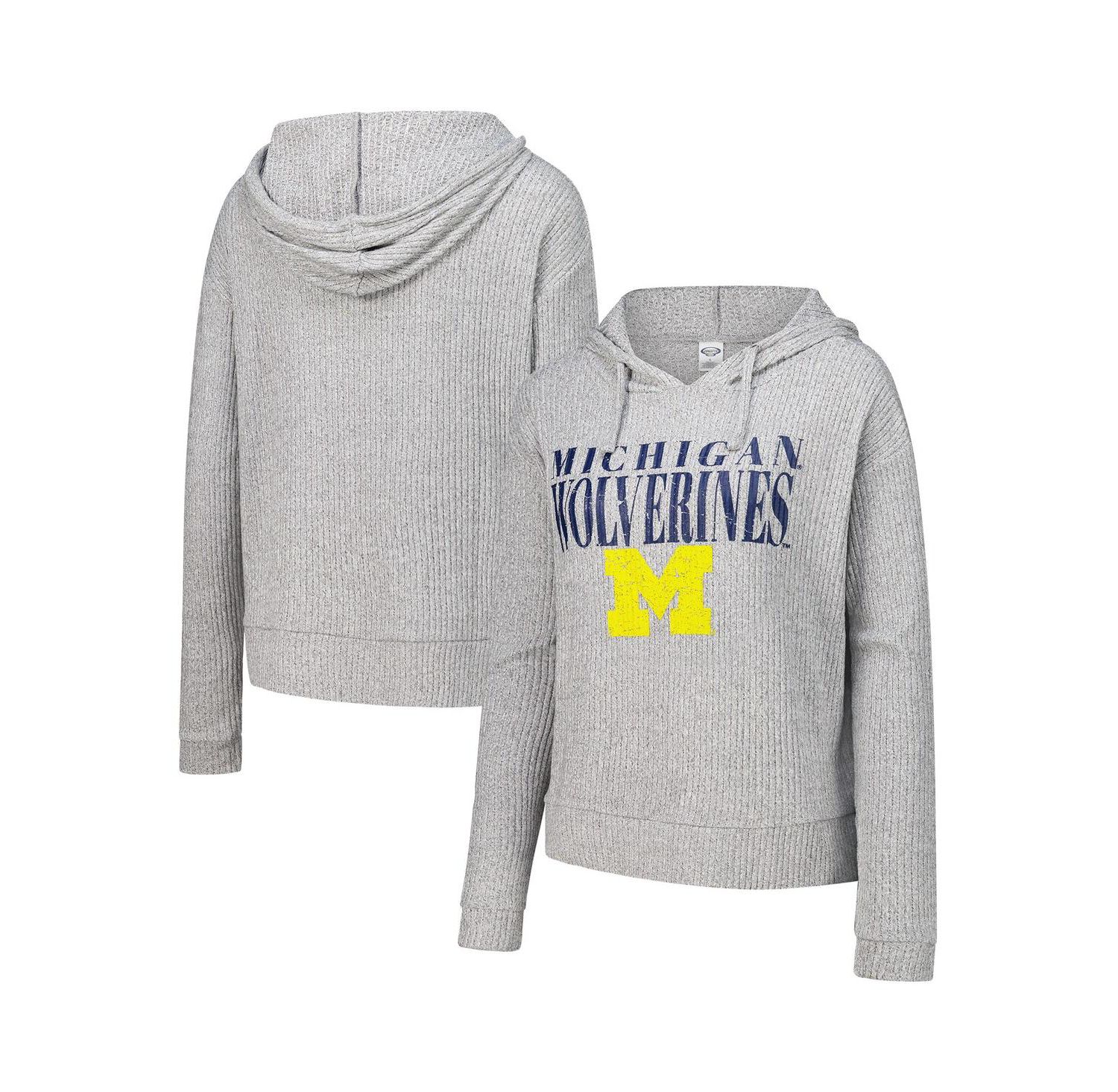 Women's Heather Gray Michigan Wolverines Juniper Soft Modest Cropped Long Sleeve Hoodie Top