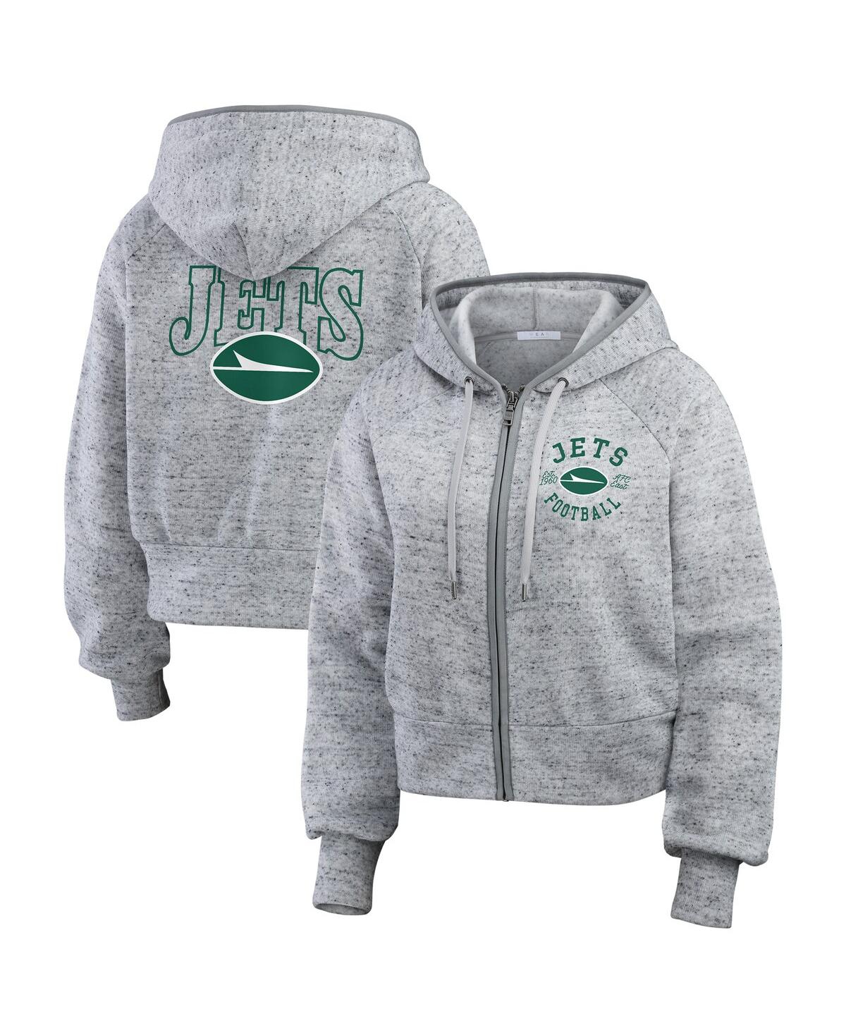 Wear By Erin Andrews Women's Heather Gray New York Jets Speckled Fleece Cropped Full-zip Hoodie