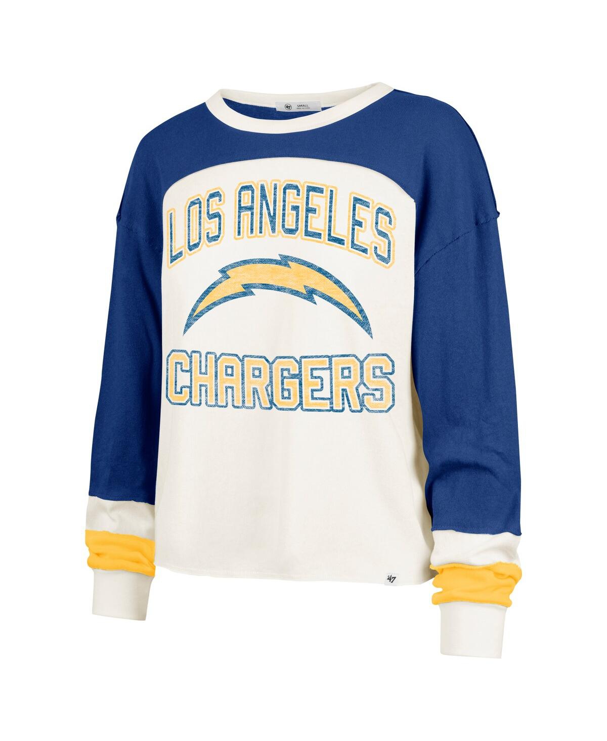 47 Brand Women's Cream Los Angeles Chargers Double Header Curve Raglan Long Sleeve Crop Top In Blue