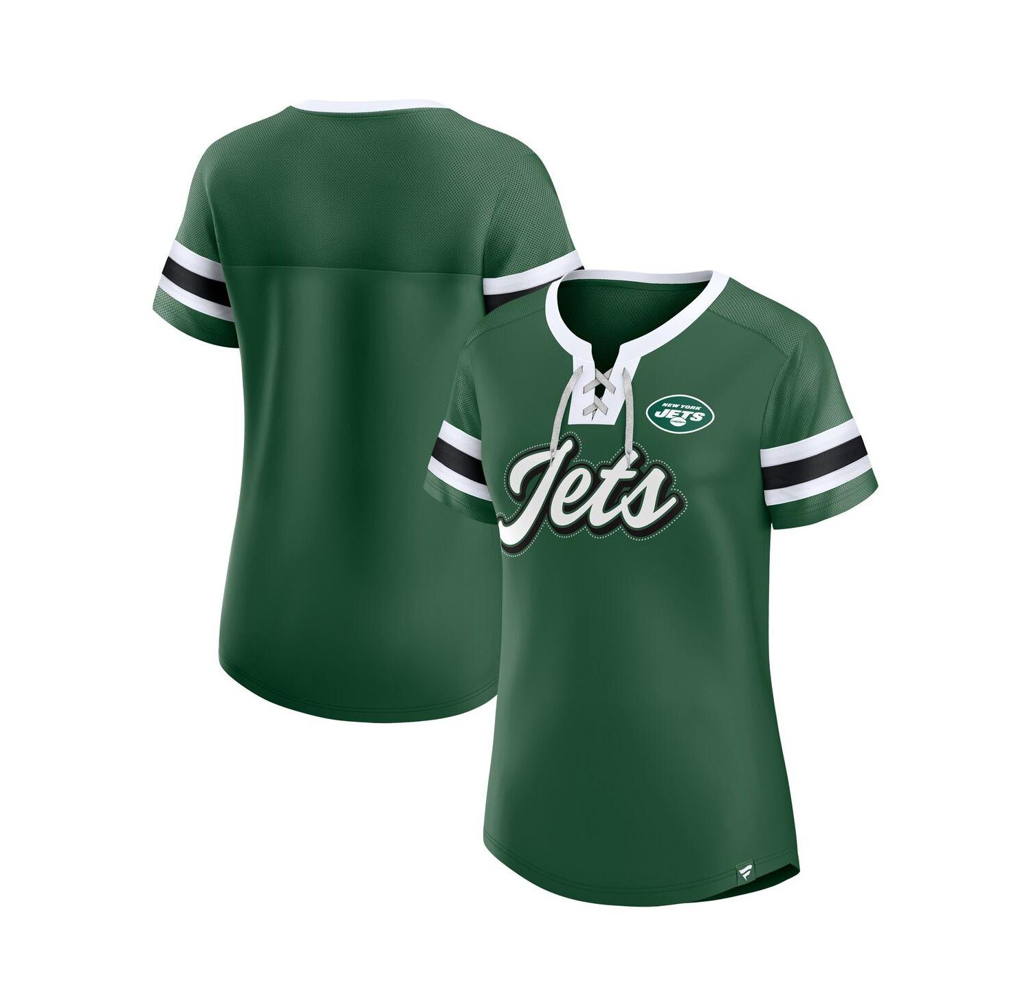 Women's Green New York Jets True Catch Iconic Rhinestone Bling Athena Lace-Up T-Shirt
