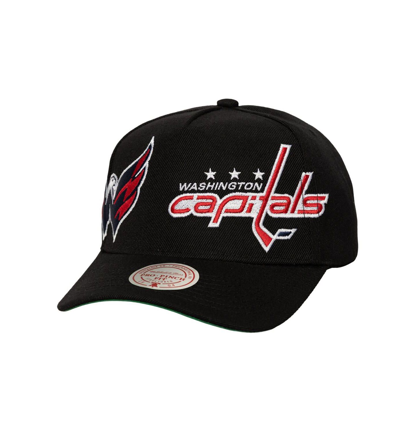 Мужская кепка Mitchell & Ness Black Washington Capitals Busted Logo Wordmark Wrap-Around Pro Pinch Adjustable Hat — фото 1