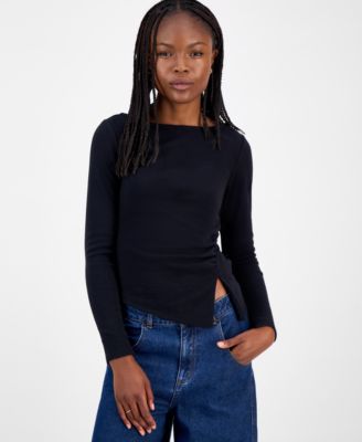 Madden Girl - Juniors' Long-Sleeve Asymmetrical Split-Neck Boat-Neck Top