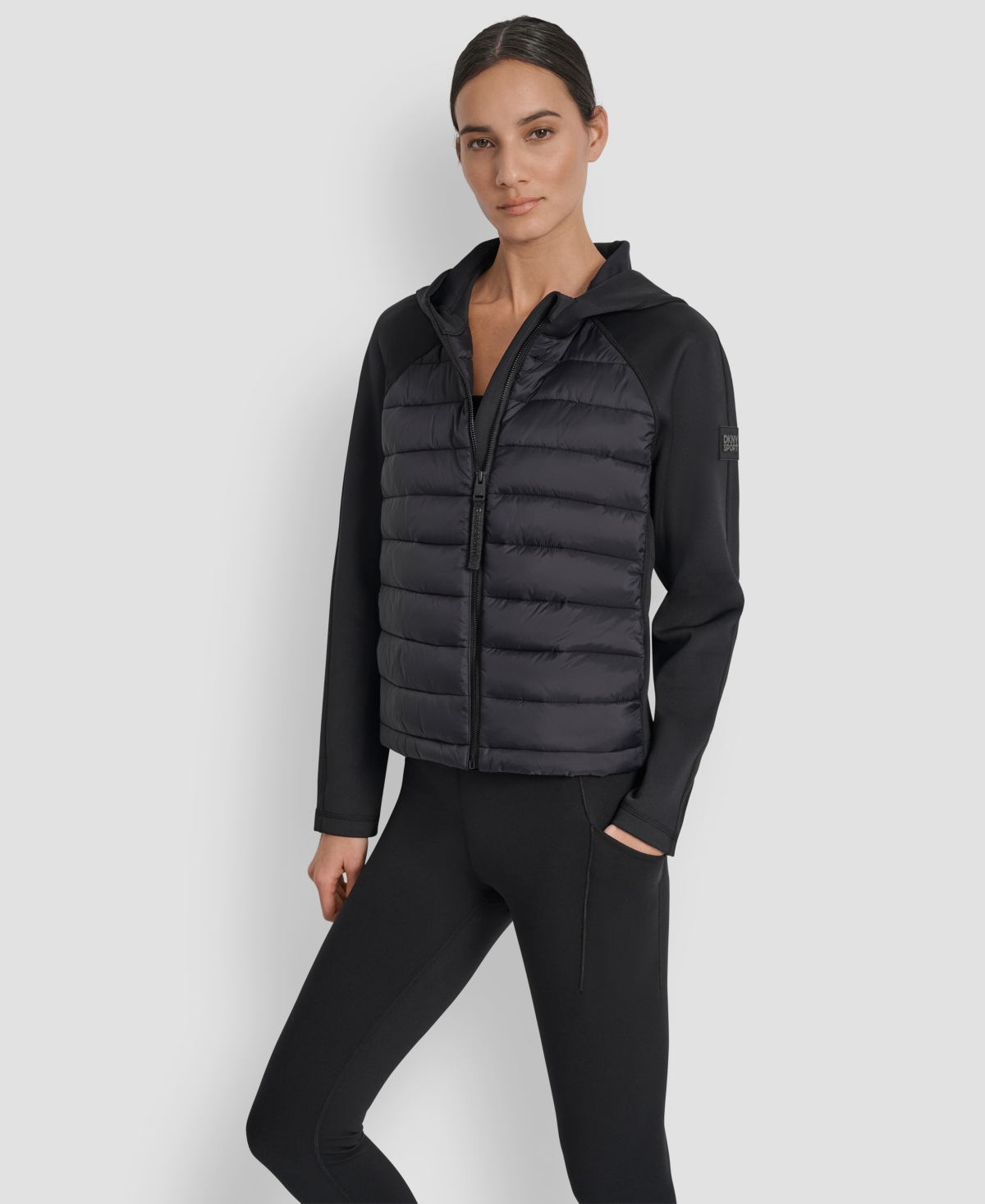 Dkny Women's High Low Hem Scuba Mixed Quilted Puffer Jacket In Black