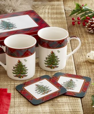 Christmas Tree Tartan 5-Piece Mug & Tin Coaster Set