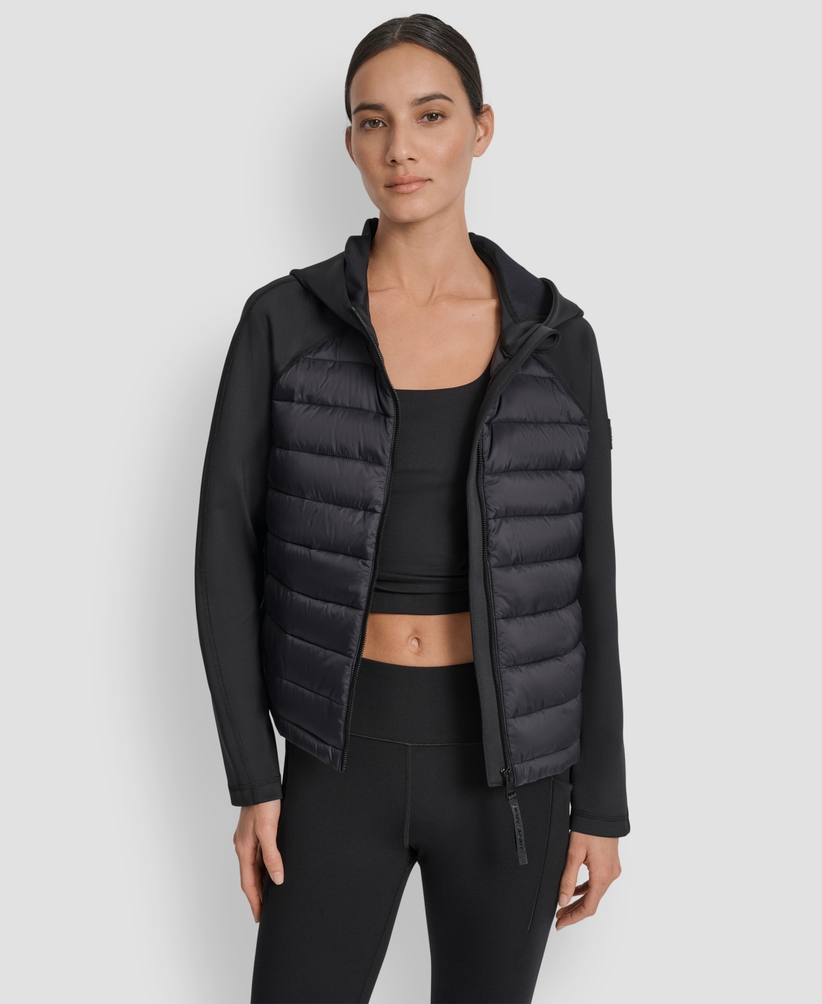 Dkny Women's High Low Hem Scuba Mixed Quilted Puffer Jacket In Black