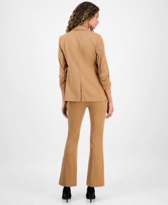 Bar Iii Womens One Button Scrunched Sleeve Jacket Leopard Print Short Sleeve Mesh Top High Rise Flared Leg P In Brown