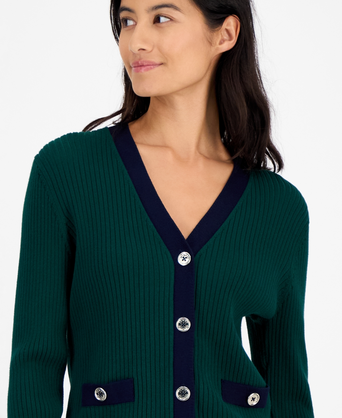 Tommy Hilfiger Women's Contrast Trim V-neck Button-front Cardigan In Green
