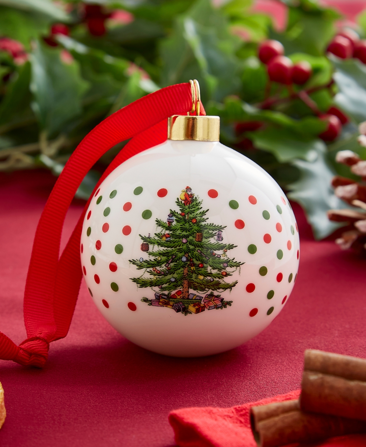 Spode Christmas Tree Polka Dot Porcelain Ball Ornament In Multi