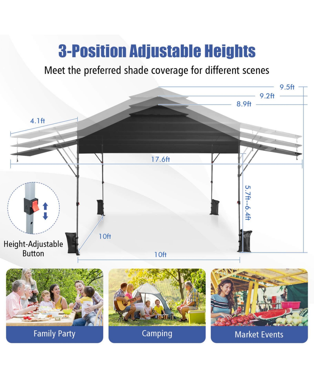 10'x17.6' Outdoor Instant Pop-up Canopy Tent Dual Half Awnings Adjust Patio