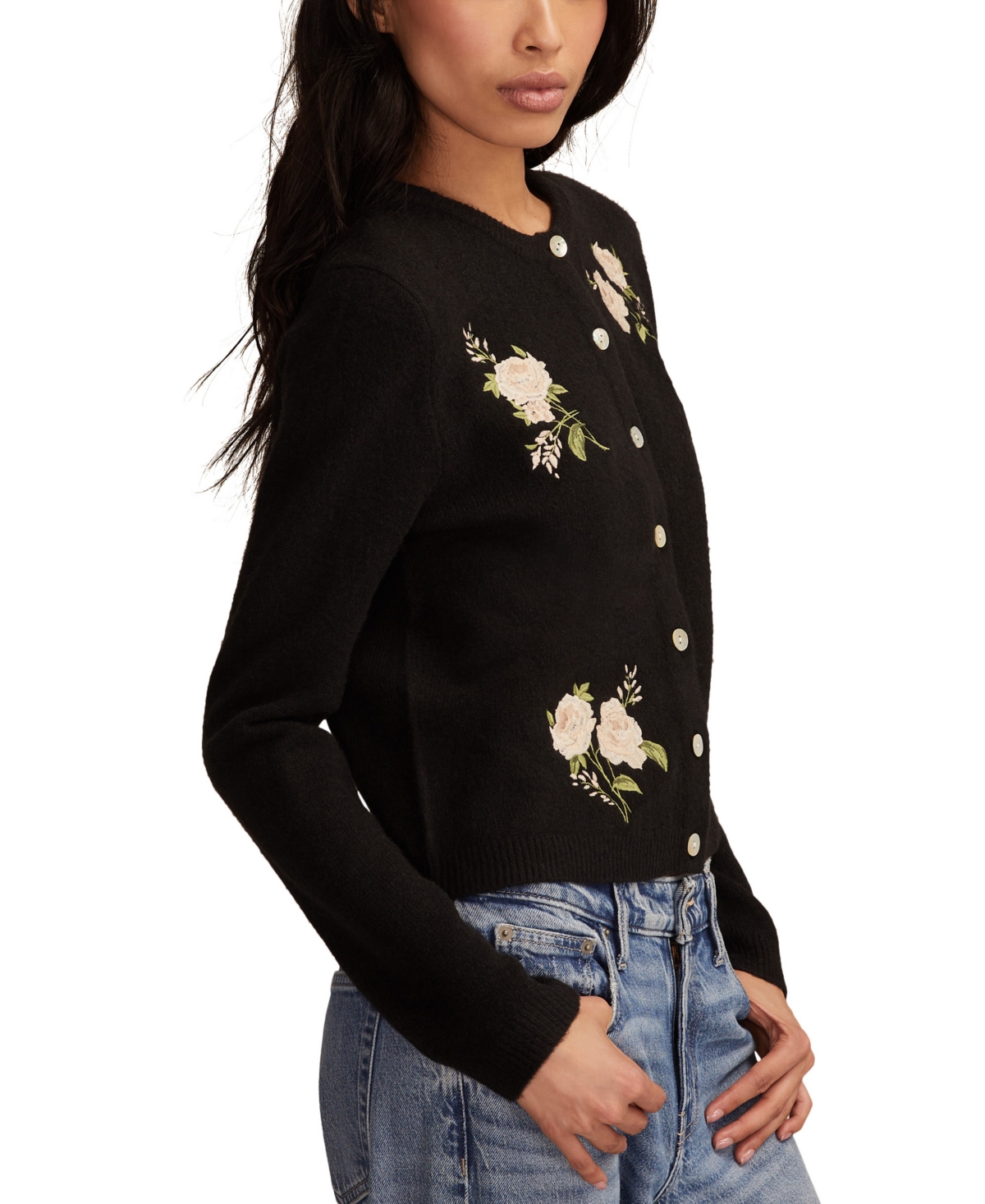 Lucky Brand Women's Cloud Soft Embroidered Crewneck Cardigan In Black
