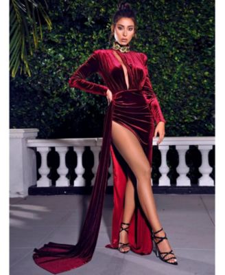 Women Zenaida Burgundy Cutout High Slit Velvet Gown