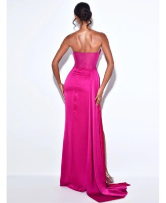 Women Holly Fuchsia Crystallized Corset High Slit Satin Gown