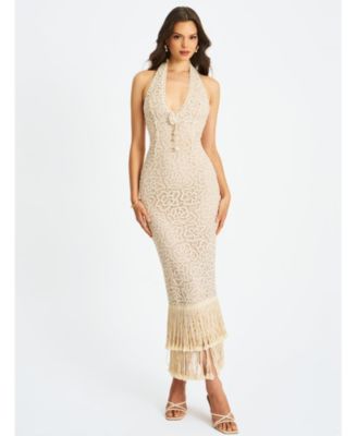 Women Faelyn Off-White Double Fringe Crochet Halter Maxi Dress