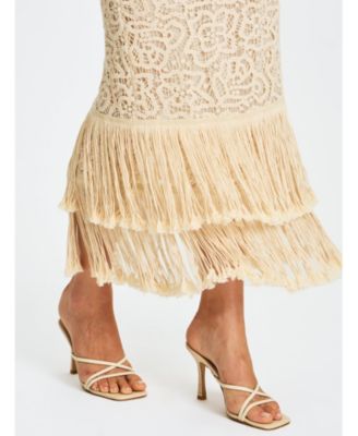 Women Faelyn Off-White Double Fringe Crochet Halter Maxi Dress