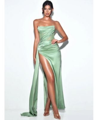 Women Holly Basil Crystallized Corset High Slit Satin Gown