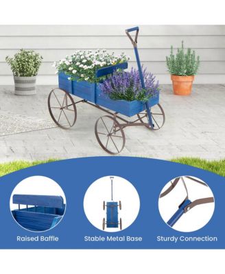 Patio Wooden Garden Flower Planter Wagon Plant Bed W/ Wheel Garden Yard  24.5'' x 13.5'' x 24''