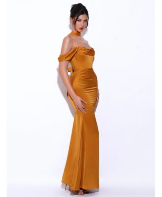 Women's Ivona Gold Halter Neck Double Duchess Satin Gown