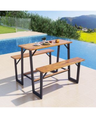 Outdoor Picnic Table for 4 Acacia Wood Rectangular Picnic Table w/ 2 Built-in Benches