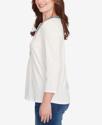 Petite Embellished Textured Split Neck Top