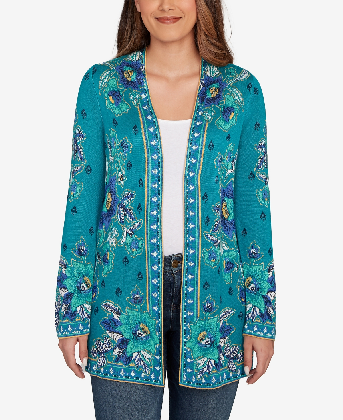 Ruby Rd. Petite Floral Open Front Cardigan Sweater In Black