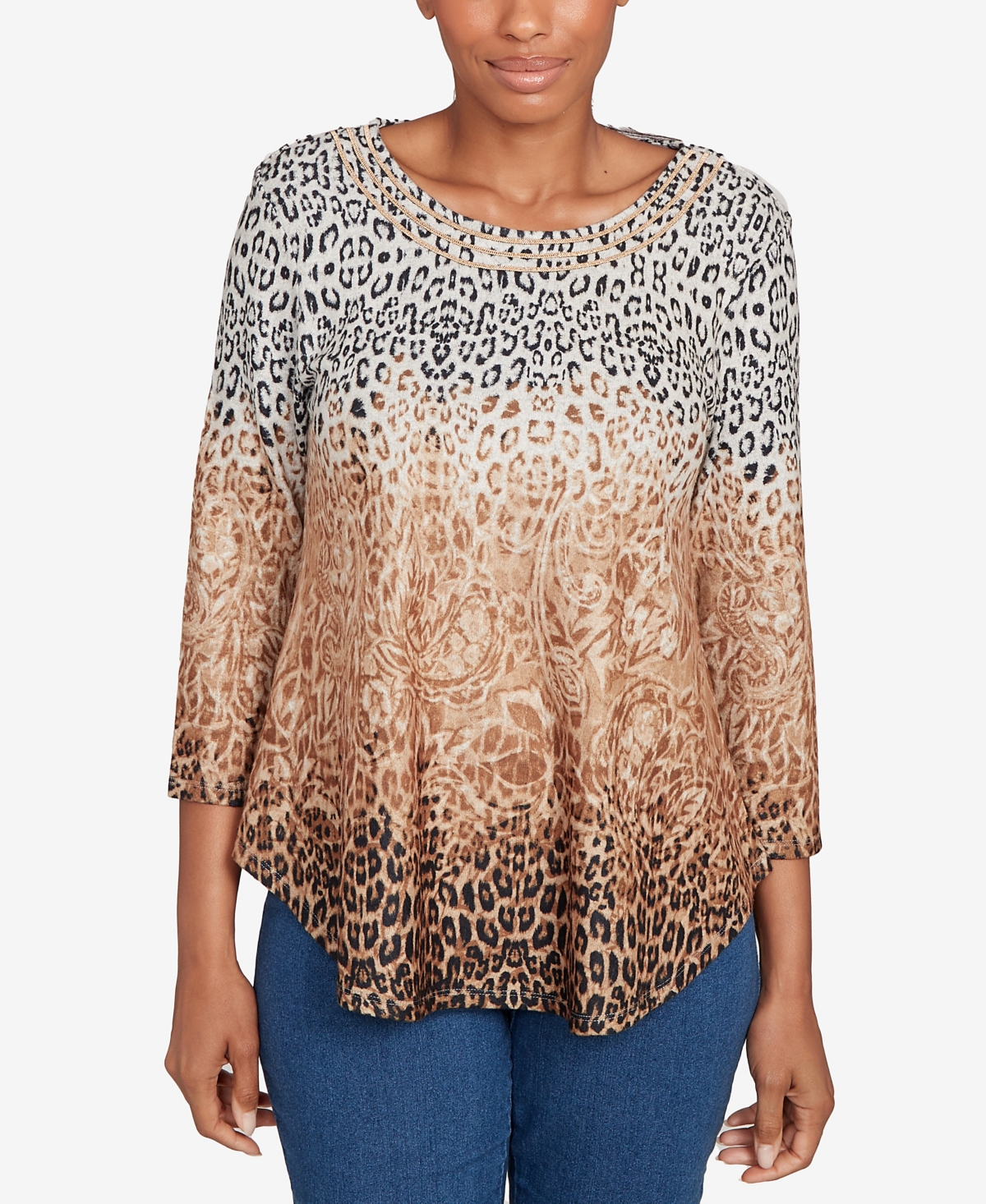 Ruby Rd. Petite Embellished Animal Print Cozy Top In Brown