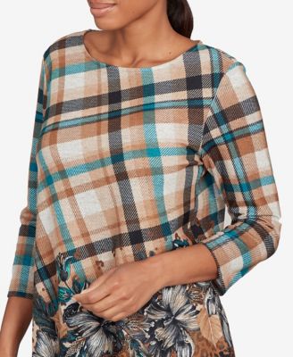 Petite Floral Plaid Cozy Ballet Neck Top