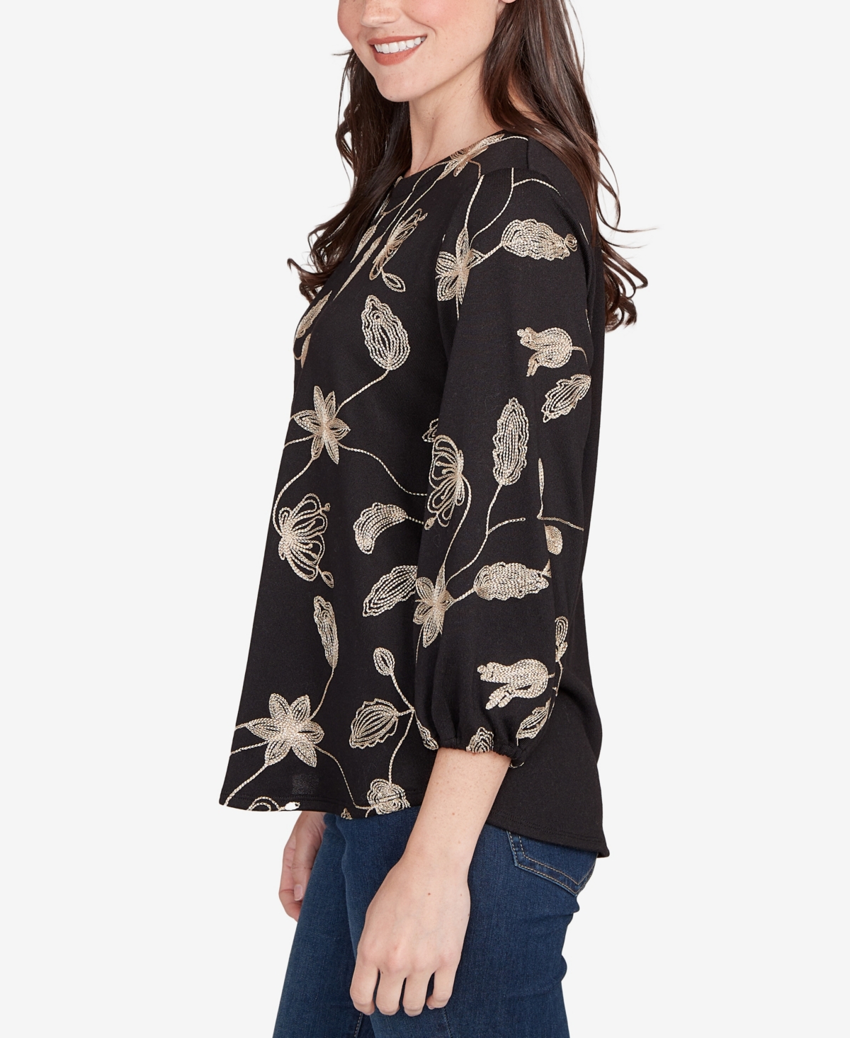 Ruby Rd. Petite Metallic Embroidered Floral Top In Black