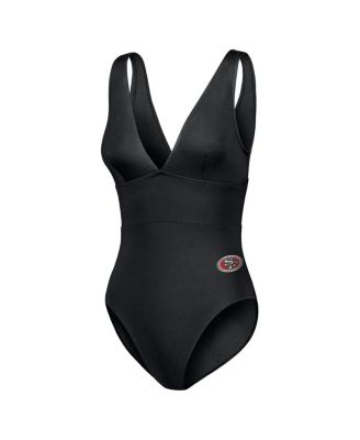 Women's Black San Francisco 49ers Palm Modern V-Neck One-Piece Swimsuit