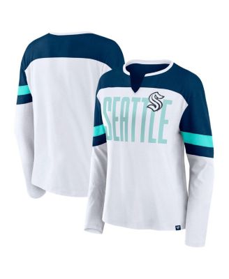 Fanatics - Women's White/Deep Sea Blue Seattle Kraken Frozen Long Sleeve Notch Neck T-Shirt