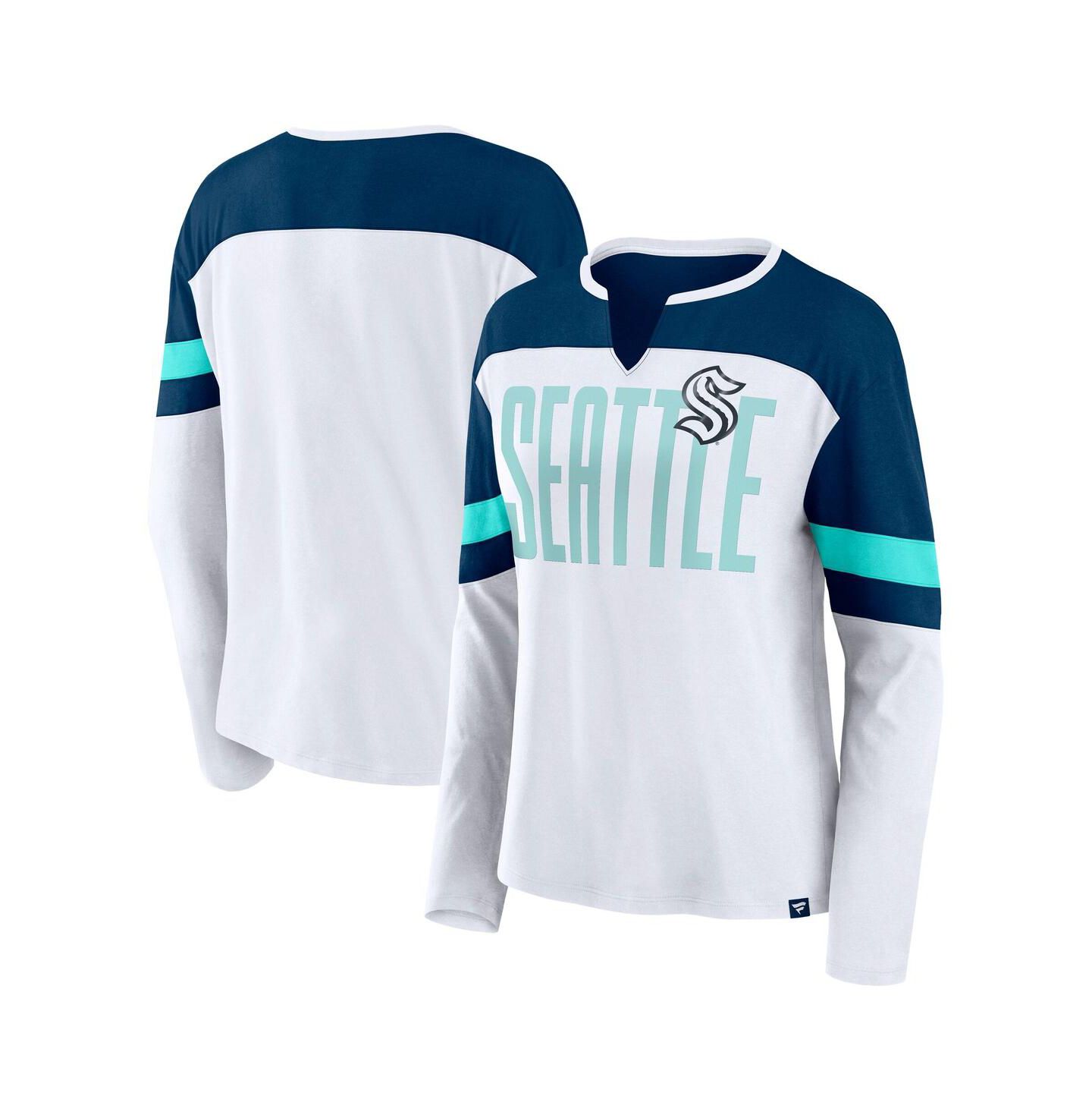 Женская футболка Fanatics White/Navy Seattle Kraken Frozen Long Sleeve Notch Neck — фото 1